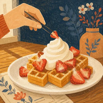 Golden Waffles with Strawberries and Cream