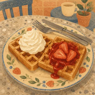 Belgian Waffles with Cream and Strawberries