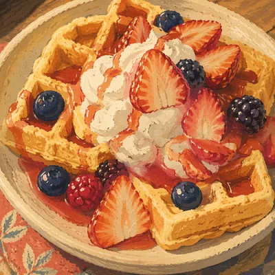 Golden Waffles with Strawberries and Cream