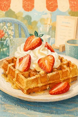 Golden Waffles with Cream and Strawberries