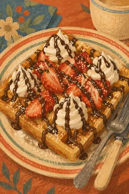 Belgian Waffle with Strawberries and Cream