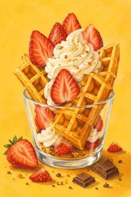 Golden Waffles with Cream and Strawberries