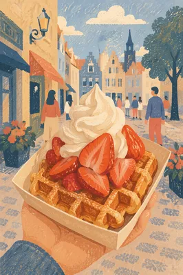Belgian Waffle with Strawberries and Cream