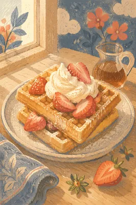 Golden Waffles with Strawberries and Cream