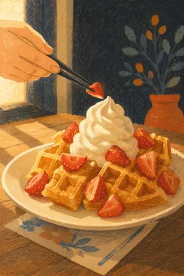 Belgian Waffles with Cream and Strawberries