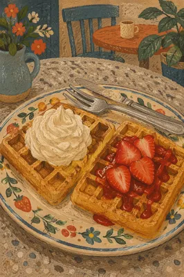 Cozy Waffles with Cream and Strawberries