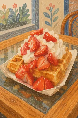 Belgian Waffle with Strawberries and Cream