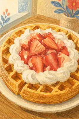 Belgian Waffle with Strawberries and Cream