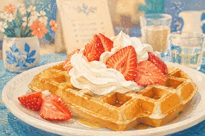 Golden Waffles with Strawberries and Cream