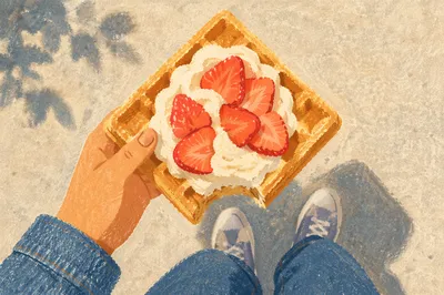 Golden Waffle With Strawberries and Cream