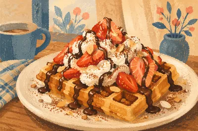 Belgian Waffle with Strawberries and Cream