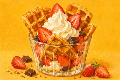 Golden Waffles with Cream and Strawberries