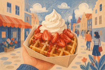 Belgian Waffle with Cream and Strawberries