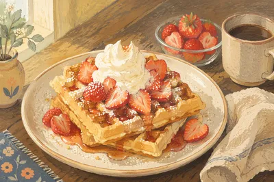 Belgian Waffles with Strawberries and Cream