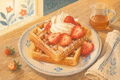 Belgian Waffles with Strawberries and Cream