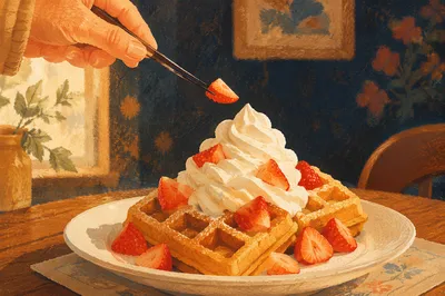 Belgian Waffles with Whipped Cream and Strawberries
