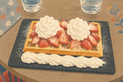 Belgian Waffle with Strawberries and Cream