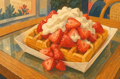 Belgian Waffle With Cream and Strawberries