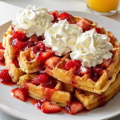 Belgian Waffles with Strawberries and Cream