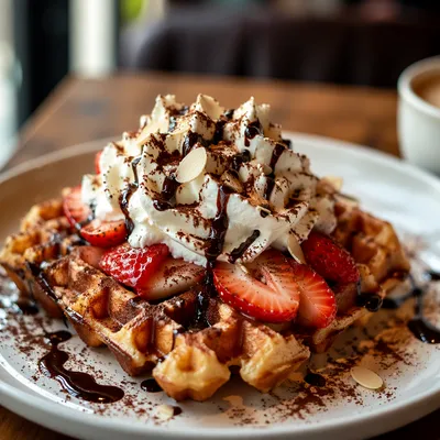Belgian Waffle with Strawberries and Cream