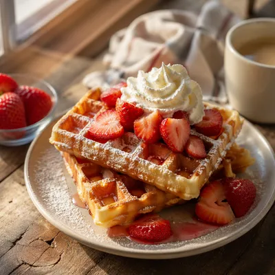 Golden Belgian Waffles with Strawberries