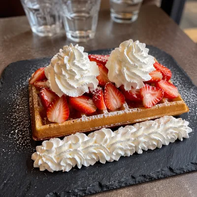 Belgian Waffle with Strawberries and Cream
