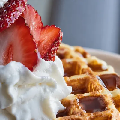 Belgian Waffle with Strawberries and Cream