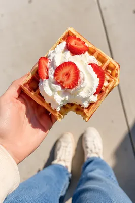 Golden Waffle with Cream and Strawberries