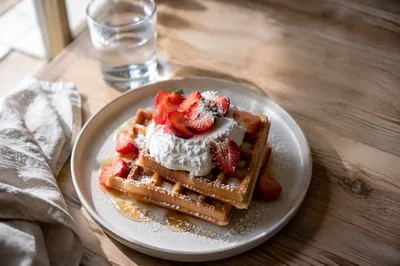 Belgian Waffles with Strawberries and Cream