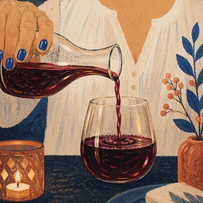 Elegant Red Wine Pour with Cobalt Nails