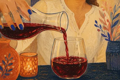Elegant Red Wine Pour with Cobalt Nails
