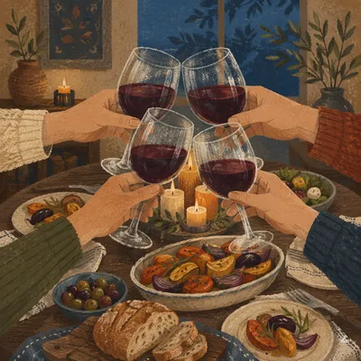 Wine Glass Toast Over Cozy Dinner