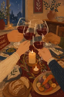 Wine Glass Toast Over Cozy Dinner
