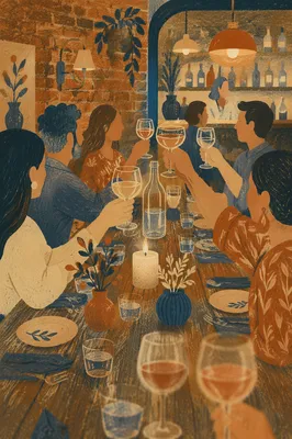 Warm Bistro Dinner Cheers with Wine Glasses