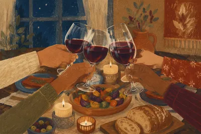 Wine Glass Toast Over Cozy Dinner Table