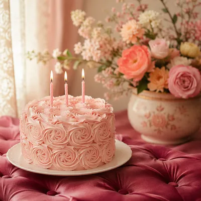 Pink Birthday Cake with Lit Candles