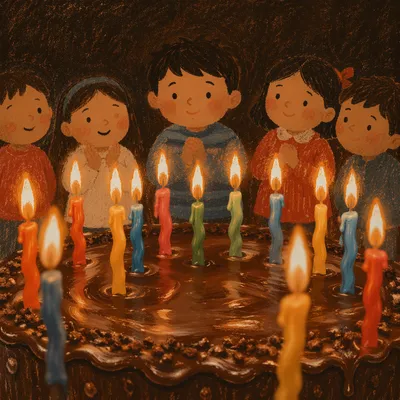 Glowing Candles on Chocolate Birthday Cake