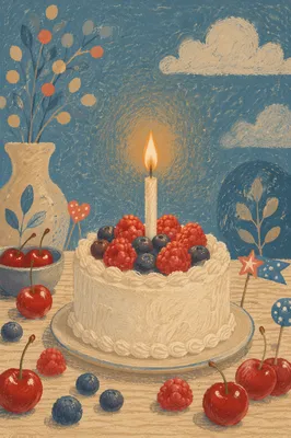 Birthday Cake With Candle and Fresh Berries