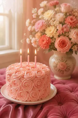 Pink Birthday Cake With Lit Candles
