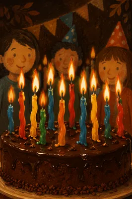 Glowing Candles on Chocolate Birthday Cake