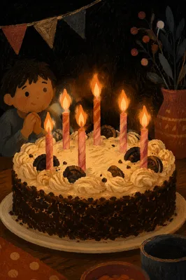 Glowing Birthday Candles on Chocolate Cake