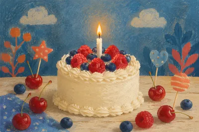 Birthday Cake With Candle and Fresh Berries