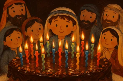 Glowing Candles on Chocolate Birthday Cake