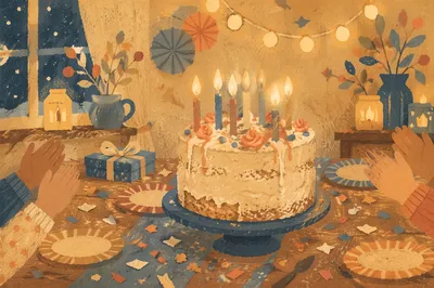 Cozy Birthday Cake with Glowing Candles
