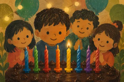 Lit Candle on Chocolate Birthday Cake