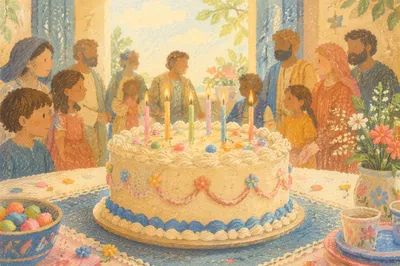 Pastel Birthday Cake with Lit Candles