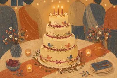 Folk Art Birthday Cake With Candlelight