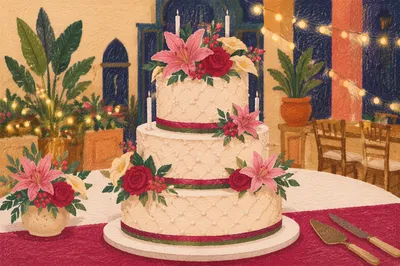 Elegant Birthday Cake with Candles and Flowers