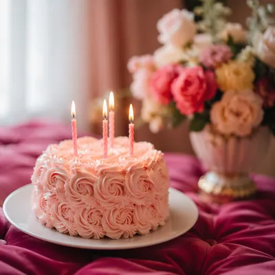 Pink Birthday Cake With Lit Candles