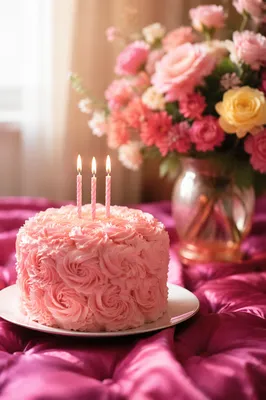 Pink Birthday Cake With Lit Candles